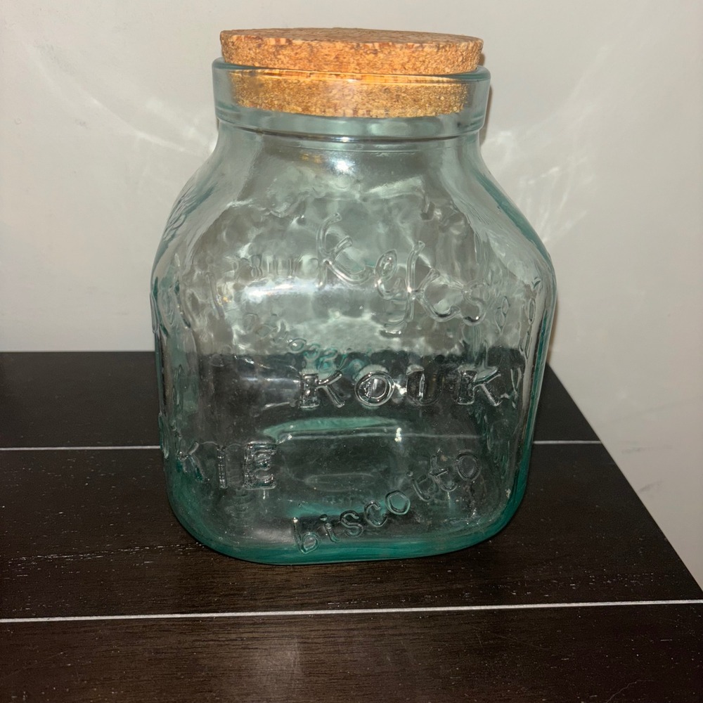 Vintage Large Square Cookie Jar | Italy | Aqua Blue | Embossed Glass | Cork‎ Lid